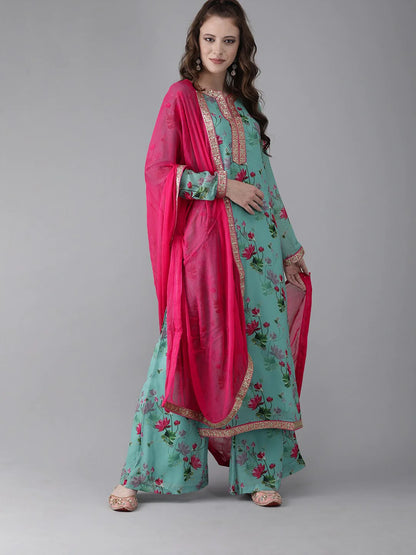 Turquoise Blue Floral Print Kurta Palazzo With Dupatta