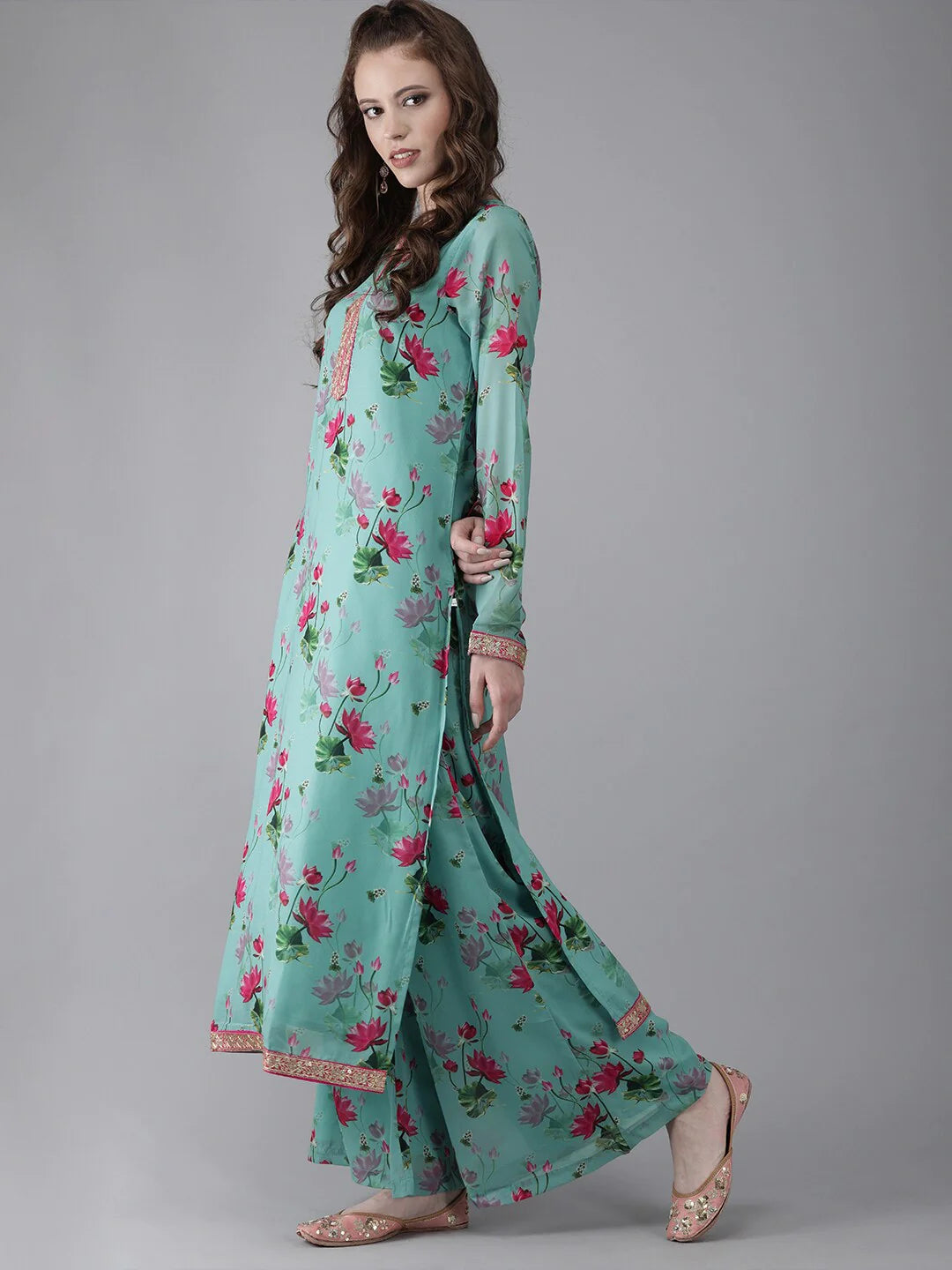 Turquoise Blue Floral Print Kurta Palazzo With Dupatta