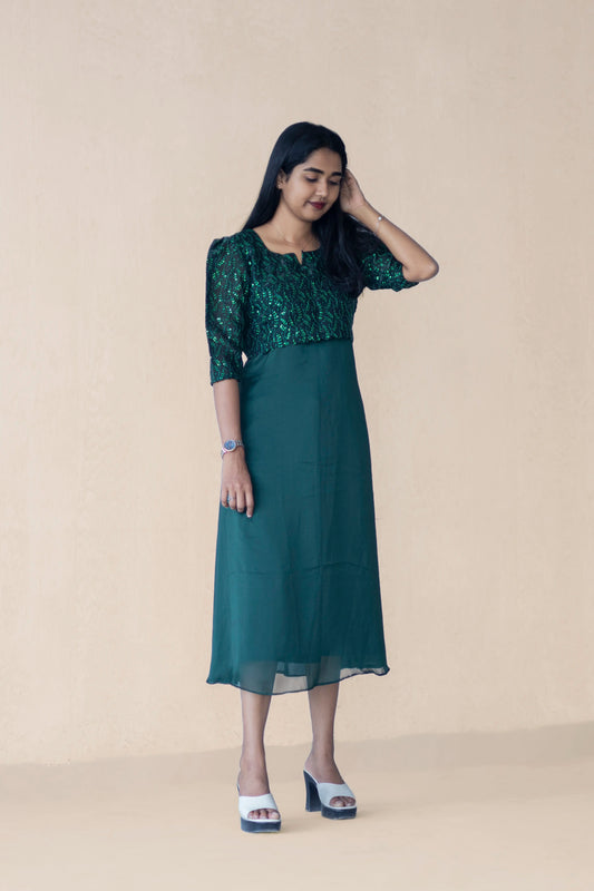 Green sequence work yoke with A-line Kurta