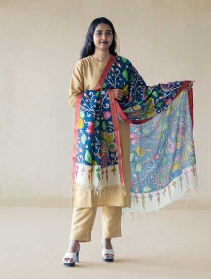 Srikalahasti  Handpainted Bangalore Silk Pen Kalamkari Dupatta