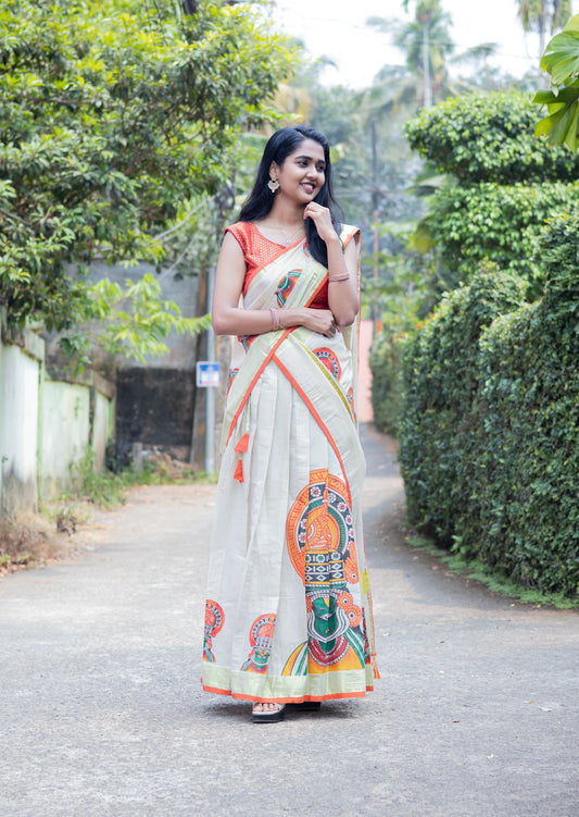 Golden Tissue Kadakali Print Dhavani Set