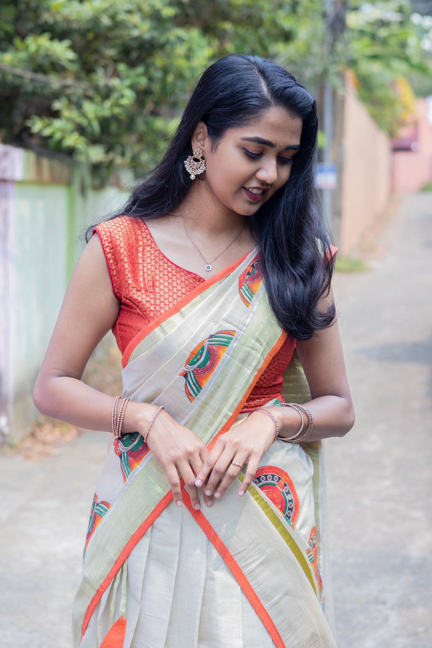Golden Tissue Kadakali Print Dhavani Set