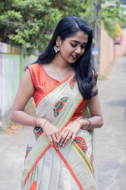 Golden Tissue Kadakali Print Dhavani Set