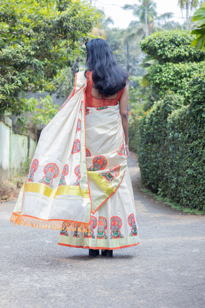 Golden Tissue Kadakali Print Dhavani Set
