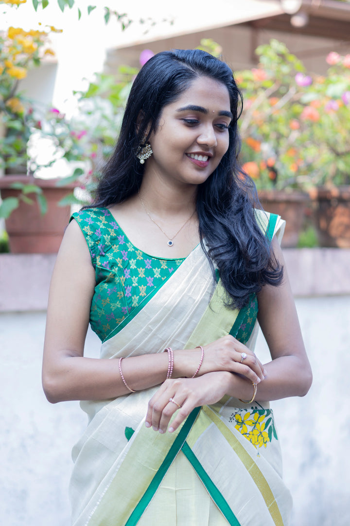 Golden Tissue Kanikonna Print Dhavani Set
