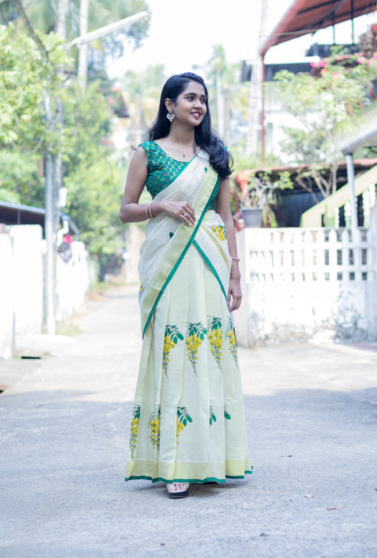 Golden Tissue Kanikonna Print Dhavani Set