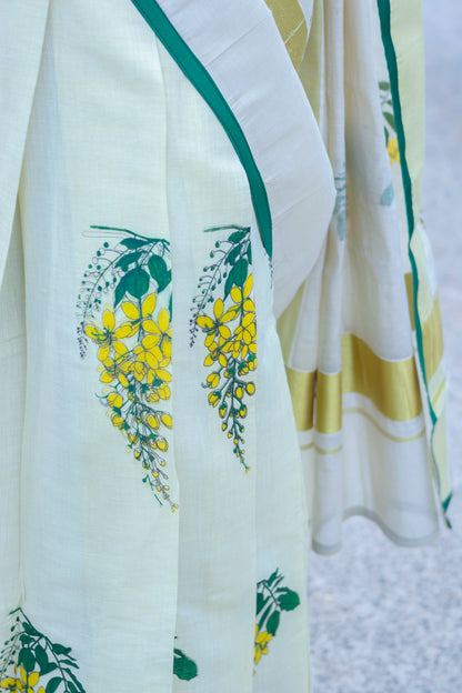 Golden Tissue Kanikonna Print Dhavani Set