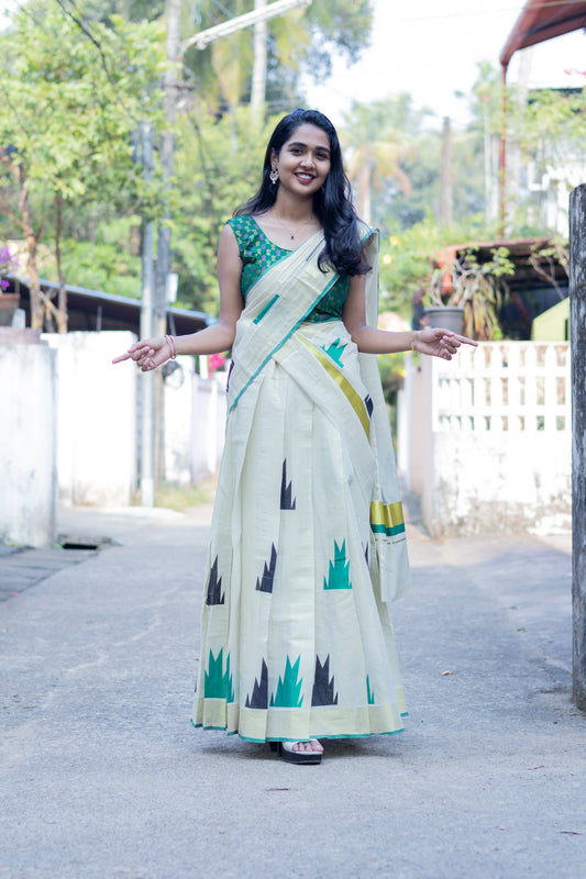 Golden Tissue Temple Design Dhavani Set