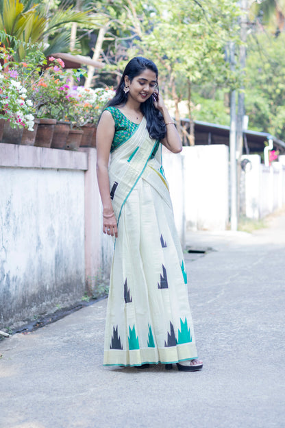 Golden Tissue Temple Design Dhavani Set
