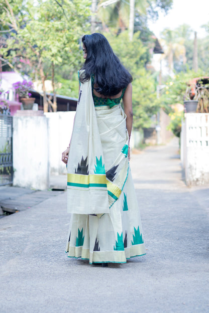 Golden Tissue Temple Design Dhavani Set