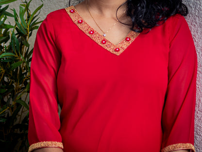 V- Neck Beads Embroidered Red A-line Kurta