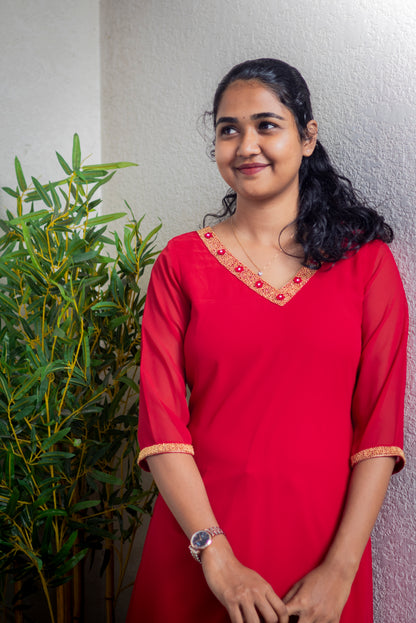 V- Neck Beads Embroidered Red A-line Kurta