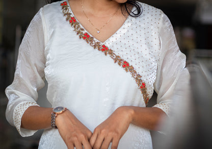 A-Line Kurta With V Neck Beads And Thread Work Design