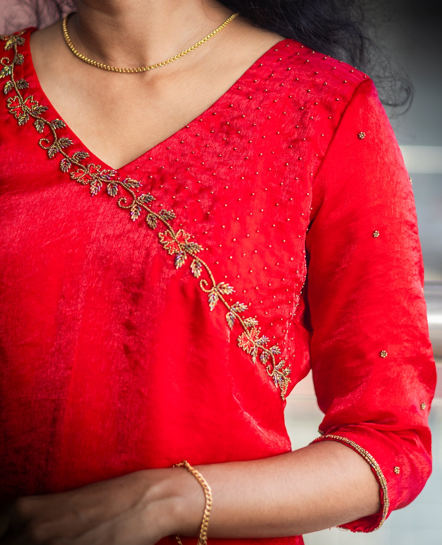 A-Line Kurta With V Neck Beads And Thread Work Design