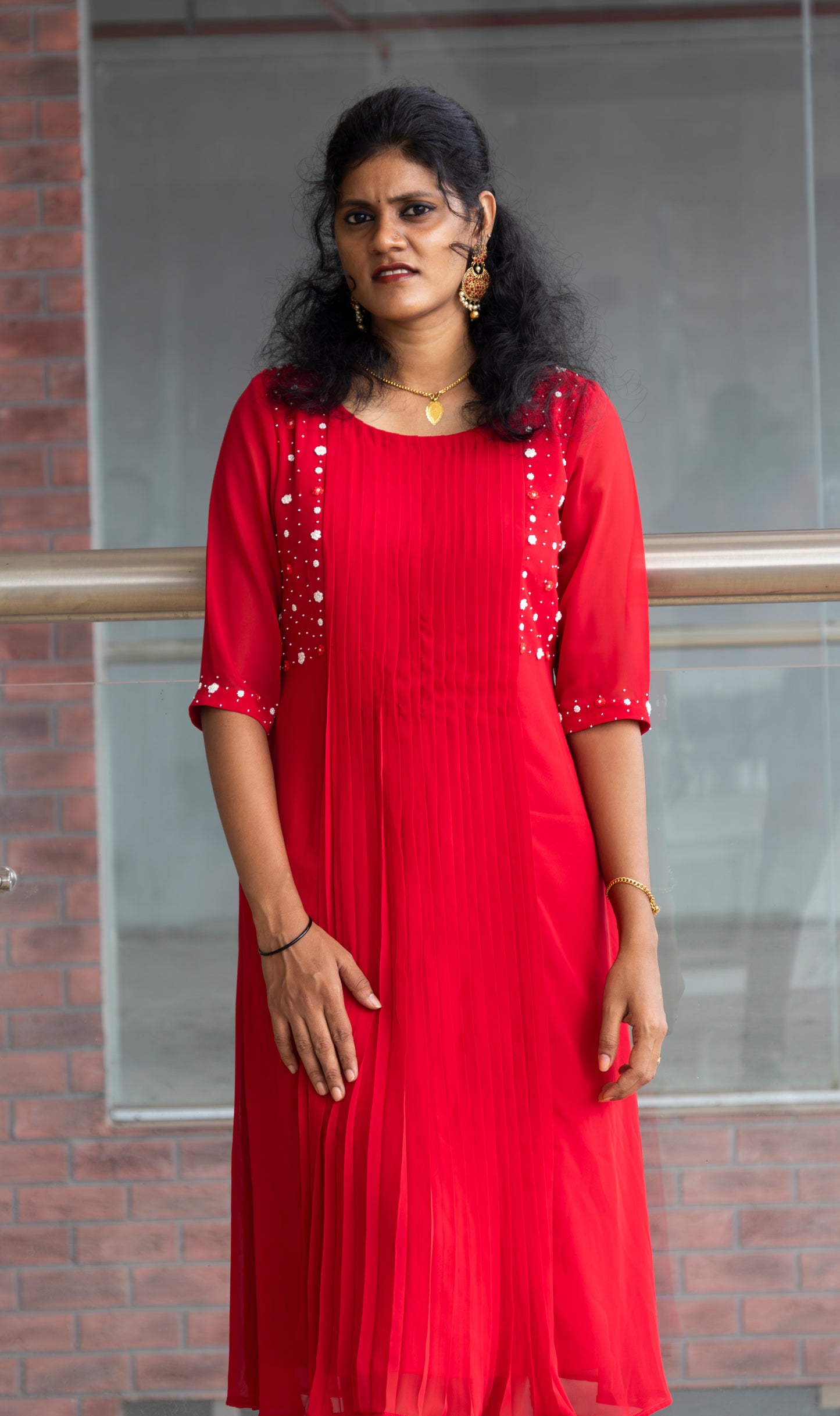 Pleated A-line Kurti With Beads And Embroidery Thread Work