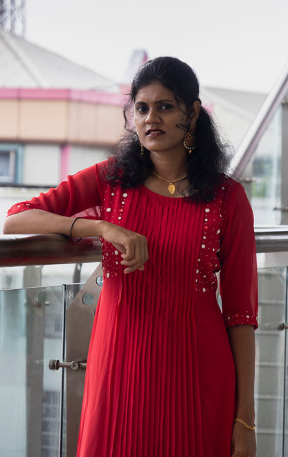 Pleated A-line Kurti With Beads And Embroidery Thread Work