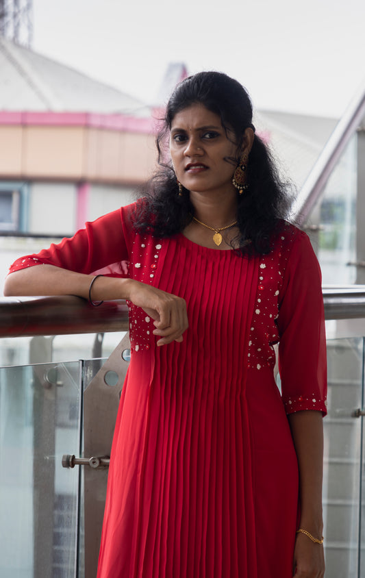 Pleated A-line Kurti With Beads And Embroidery Thread Work