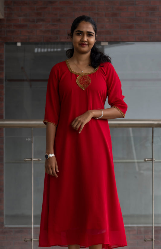 A-line 'U' Neck Kurta with Highlighting Beads Work