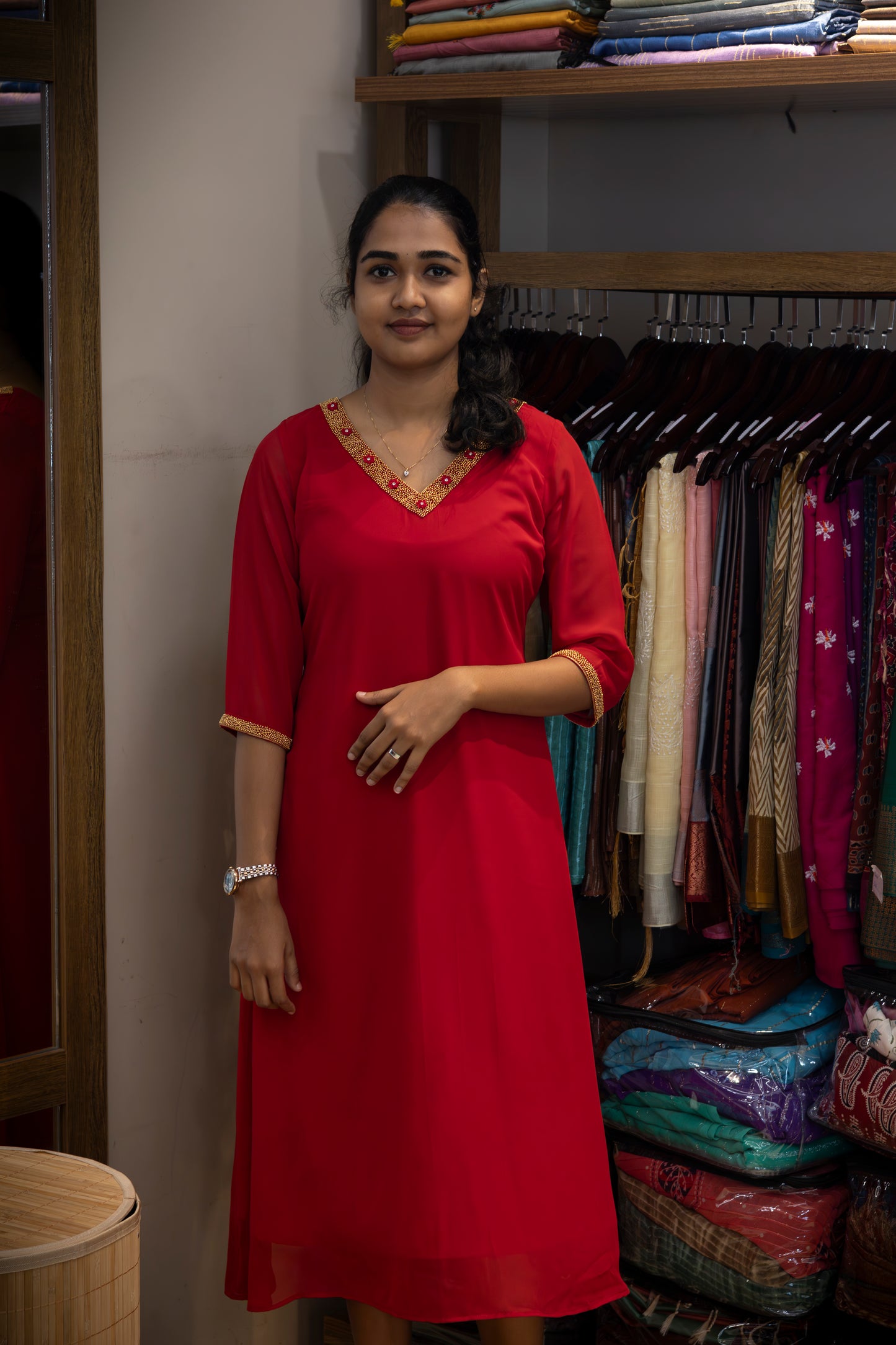 V- Neck Beads Embroidered Red A-line Kurta