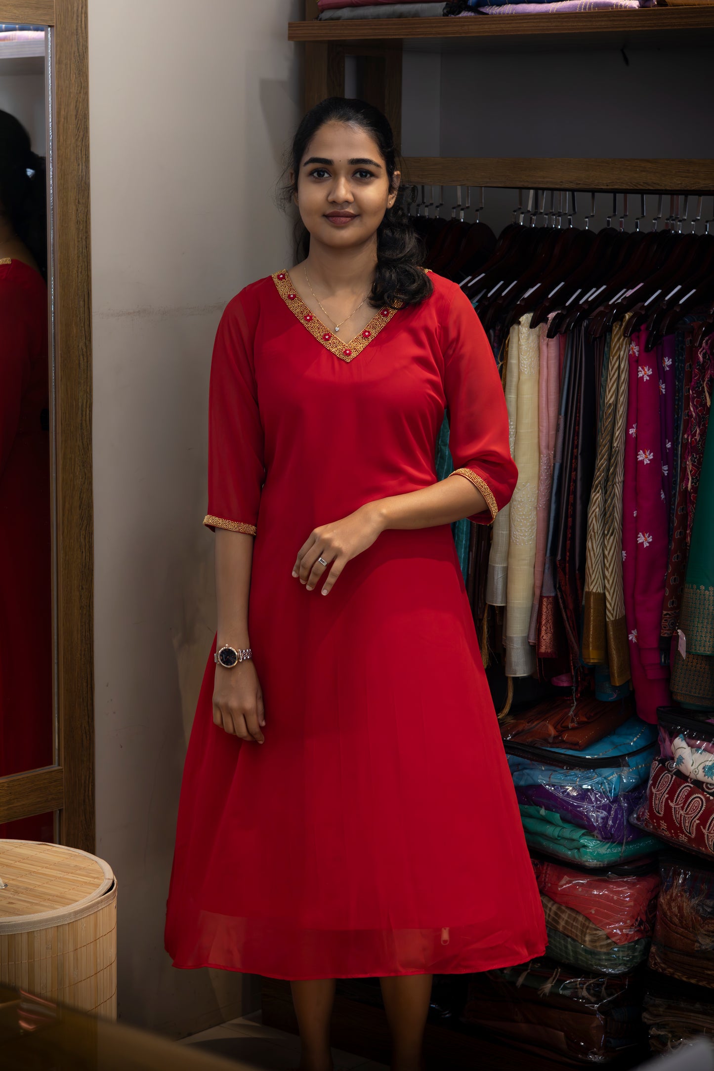 V- Neck Beads Embroidered Red A-line Kurta