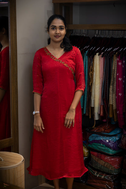 A-Line Kurta With V Neck Beads And Thread Work Design