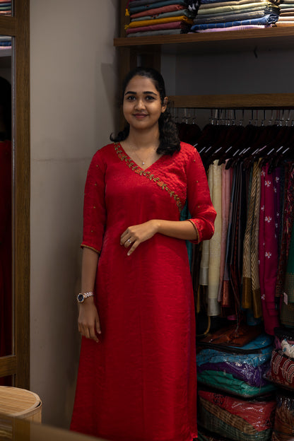 A-Line Kurta With V Neck Beads And Thread Work Design