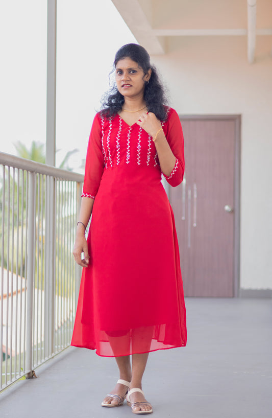 V-Neck A-line Kurta with Silver and Red Beads Work