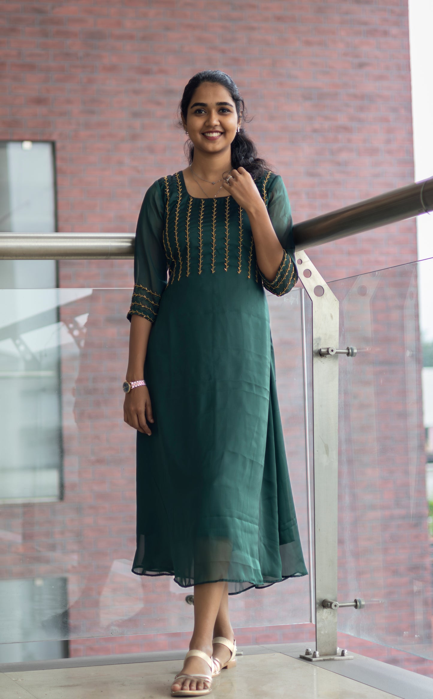 Green Umbrella Cut Kurta with Highlighting Beads Work