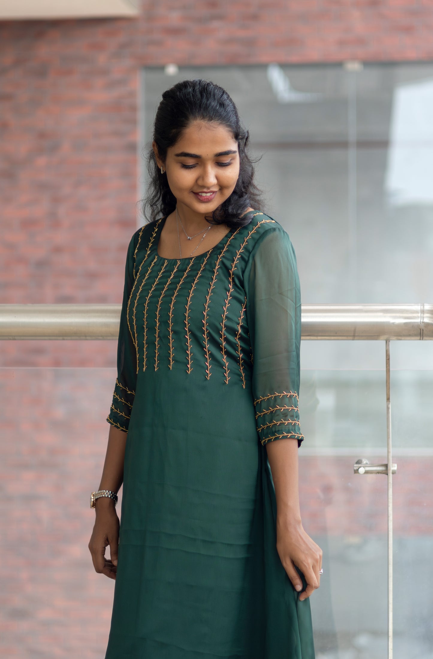 Green Umbrella Cut Kurta with Highlighting Beads Work