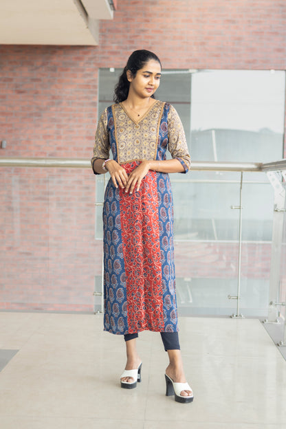 Dark Beige Highlight Yoke with Red&Blue Combination Kurta