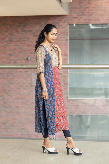 Dark Beige Highlight Yoke with Red&Blue Combination Kurta