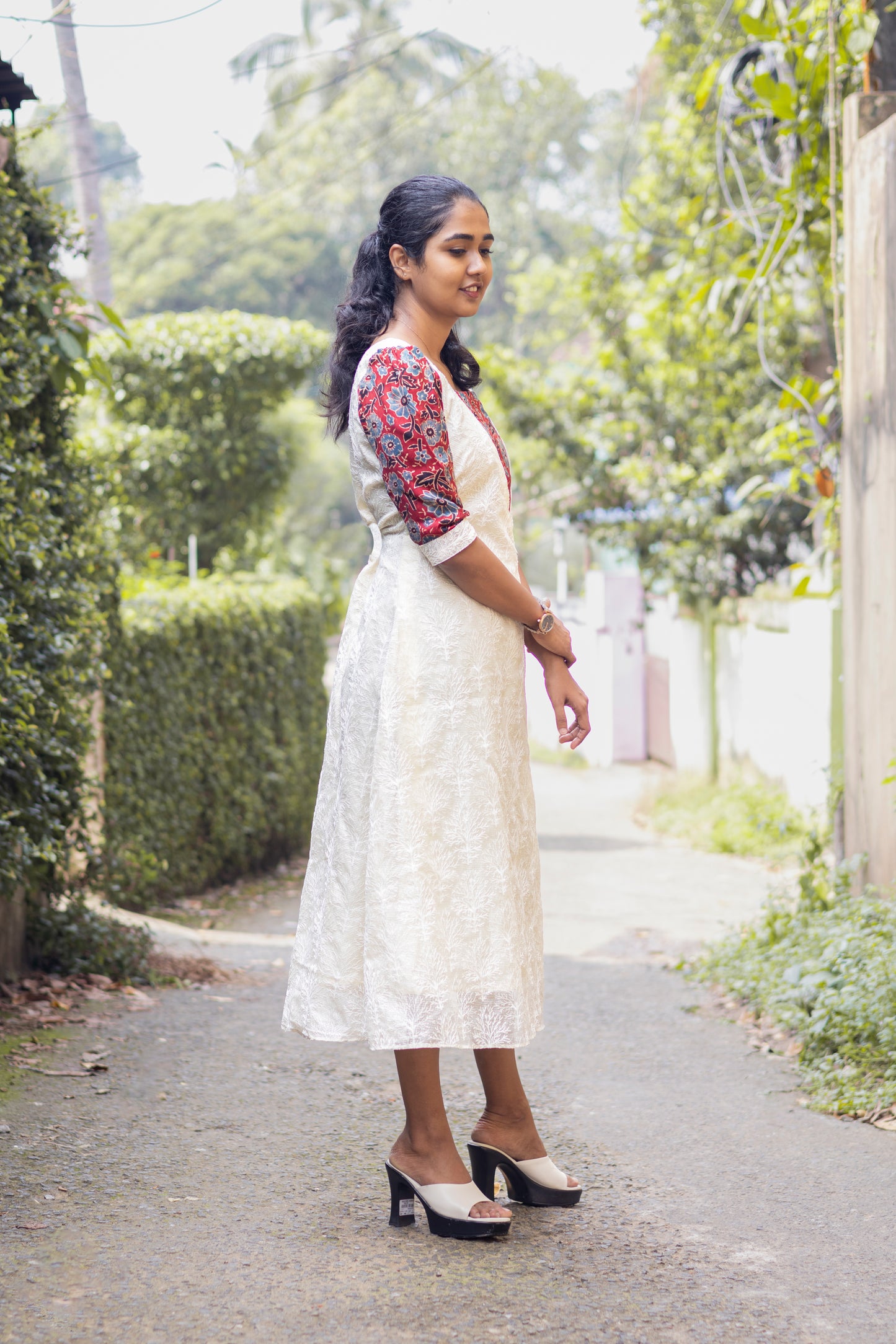 Modal Silk Neck Pattern with Flared Cotta Kurta