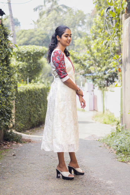 Modal Silk Neck Pattern with Flared Cotta Kurta