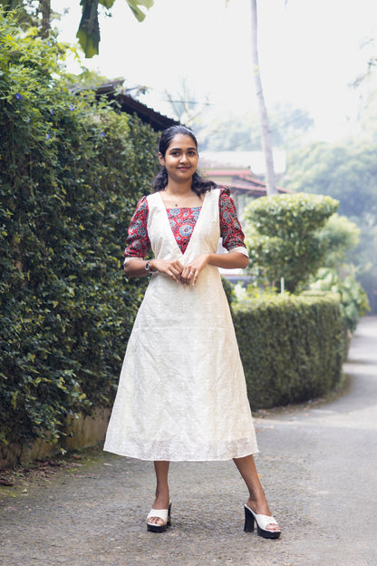 Modal Silk Neck Pattern with Flared Cotta Kurta