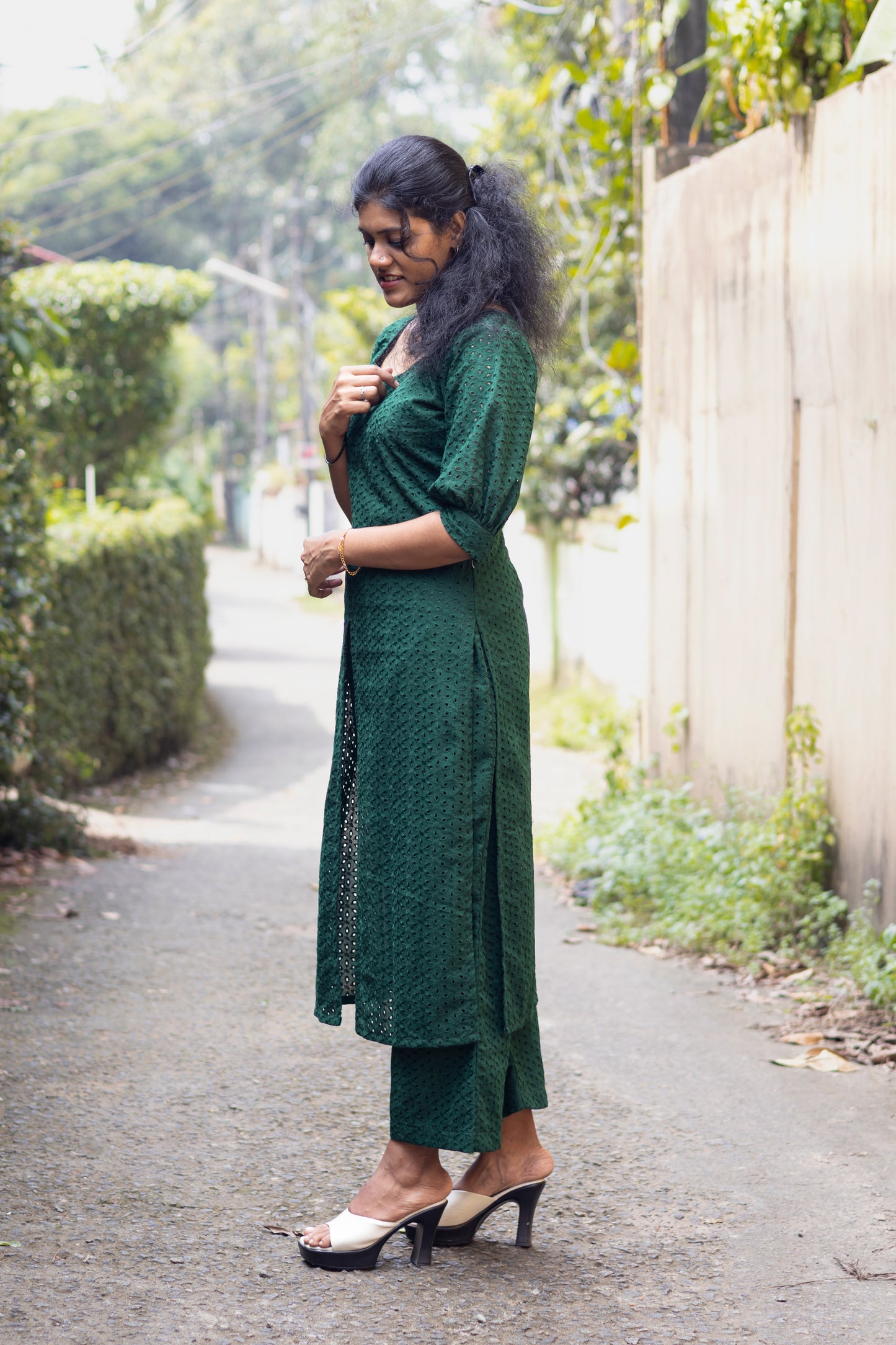 Dark Green Hakoba Front Open Kurta With Palazo Set