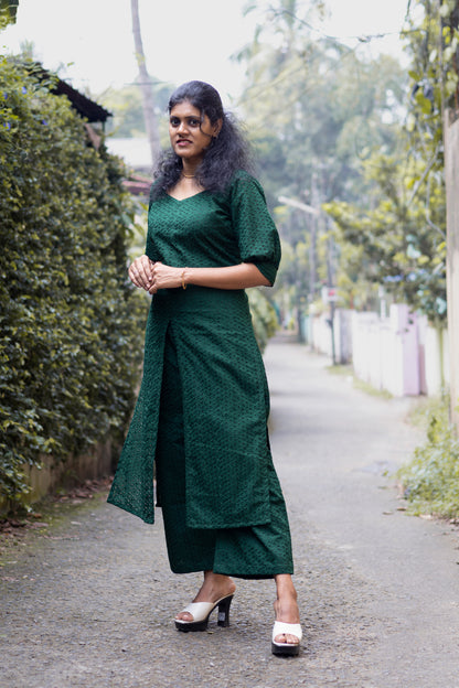 Dark Green Hakoba Front Open Kurta With Palazo Set