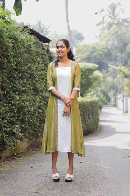 Green Stripe Design Flared Aline Kurta with White Combination