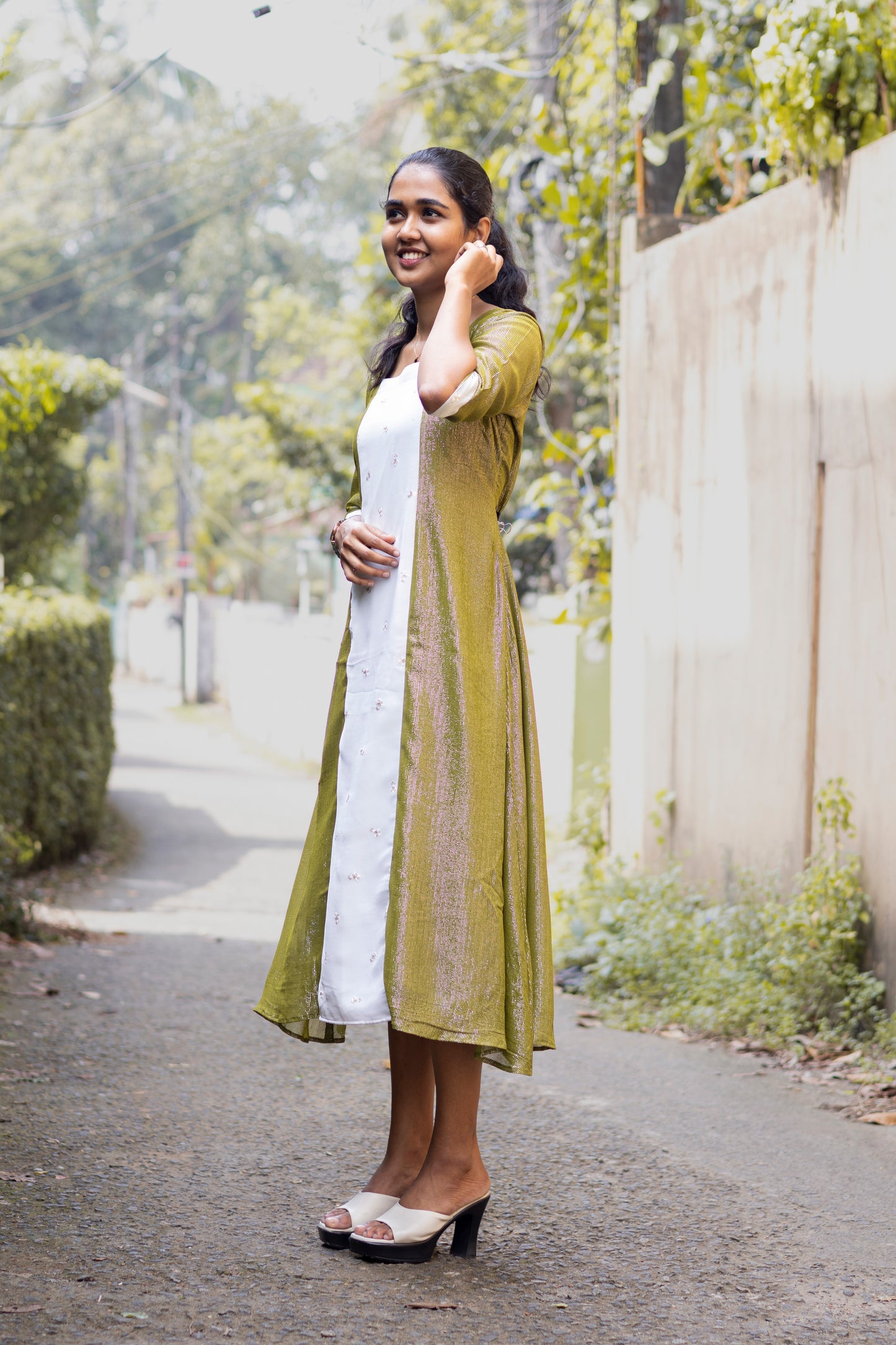 Green Stripe Design Flared Aline Kurta with White Combination