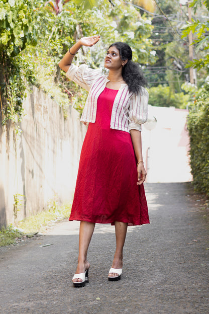 Red Chanderi Kurti With Off White Hakoba Jacket