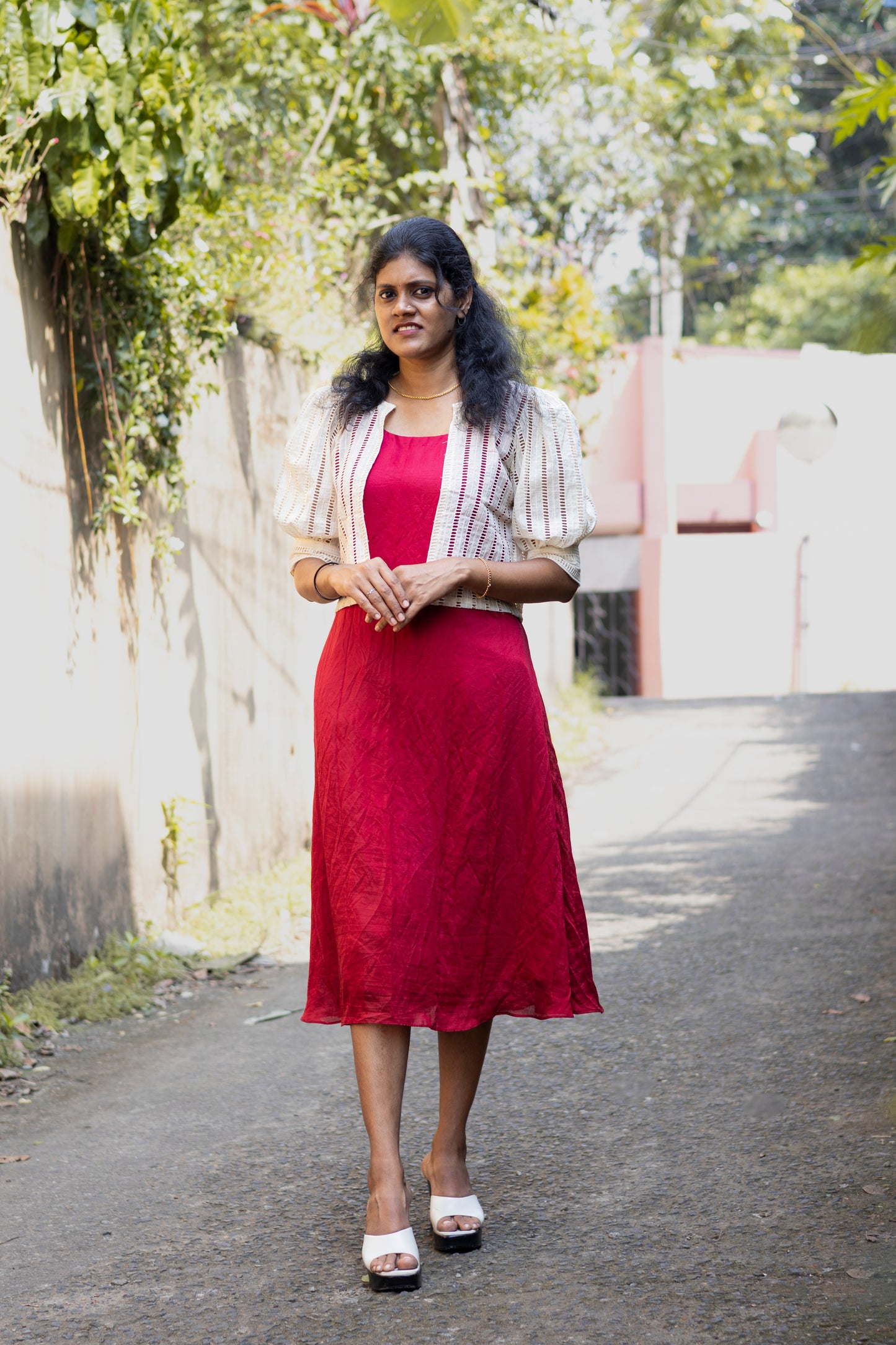 Red Chanderi Kurti With Off White Hakoba Jacket