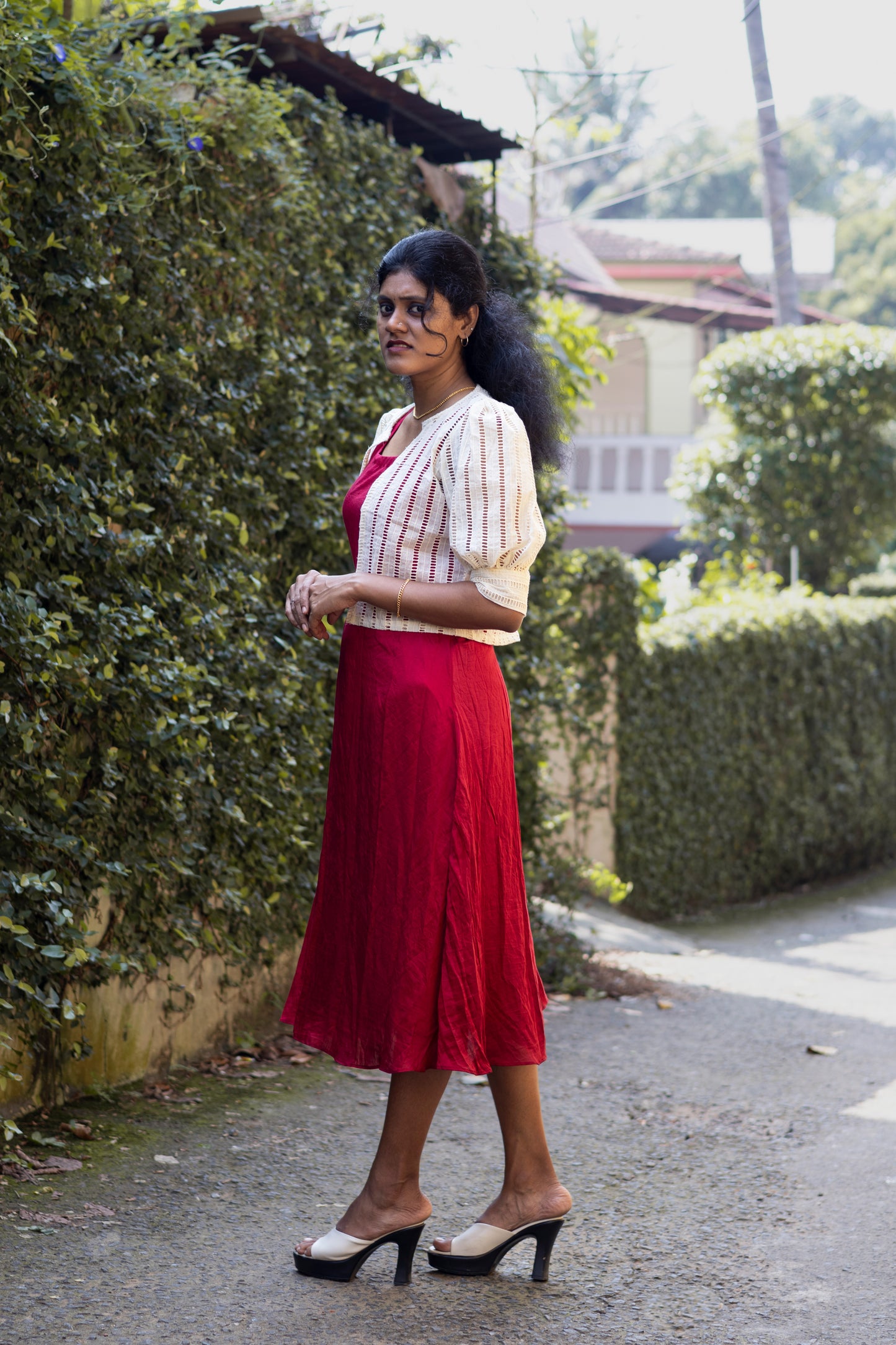 Red Chanderi Kurti With Off White Hakoba Jacket