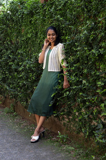 Green Chanderi Kurti With Off White Hakoba Jacket