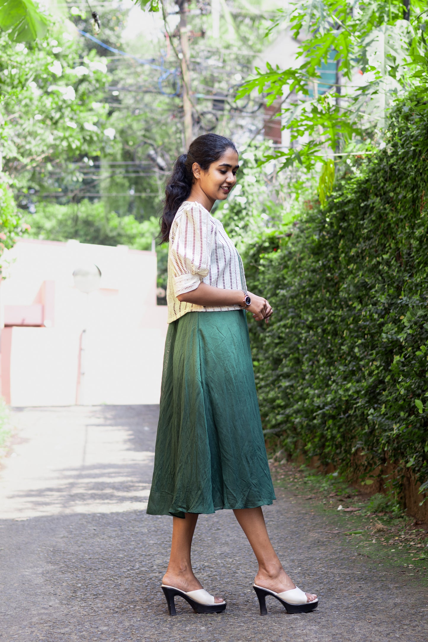 Green Chanderi Kurti With Off White Hakoba Jacket