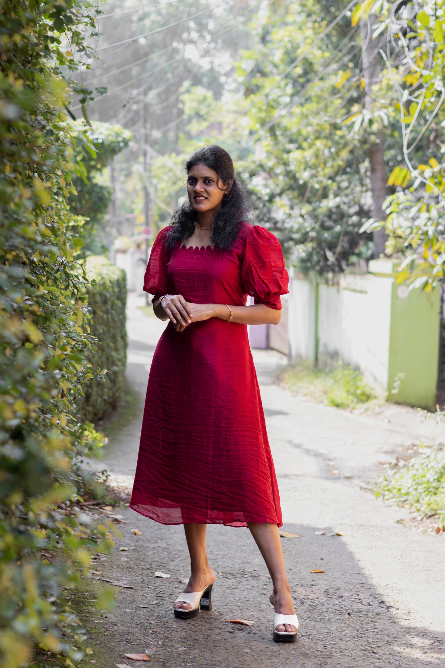 Scallop Neck Double Shade  Chanderi Kurta Red