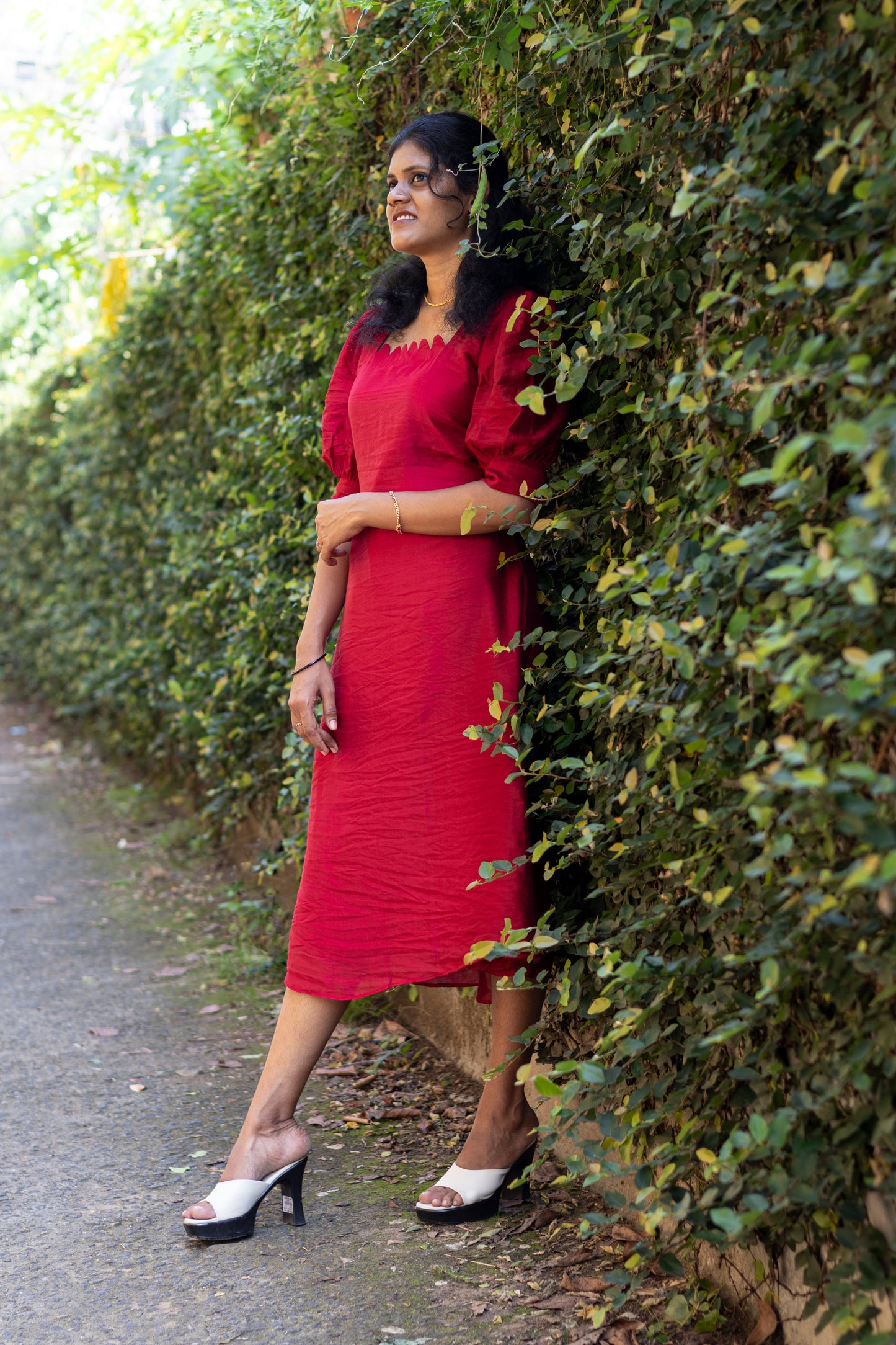 Scallop Neck Double Shade  Chanderi Kurta Red