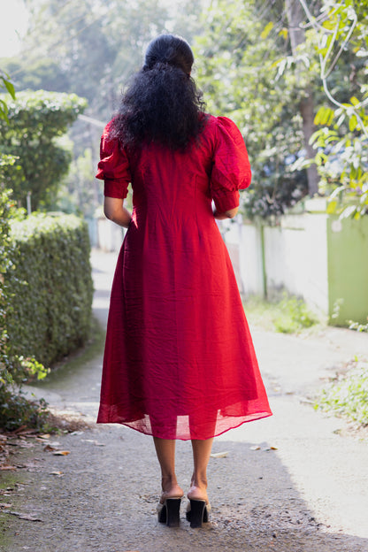 Scallop Neck Double Shade  Chanderi Kurta Red