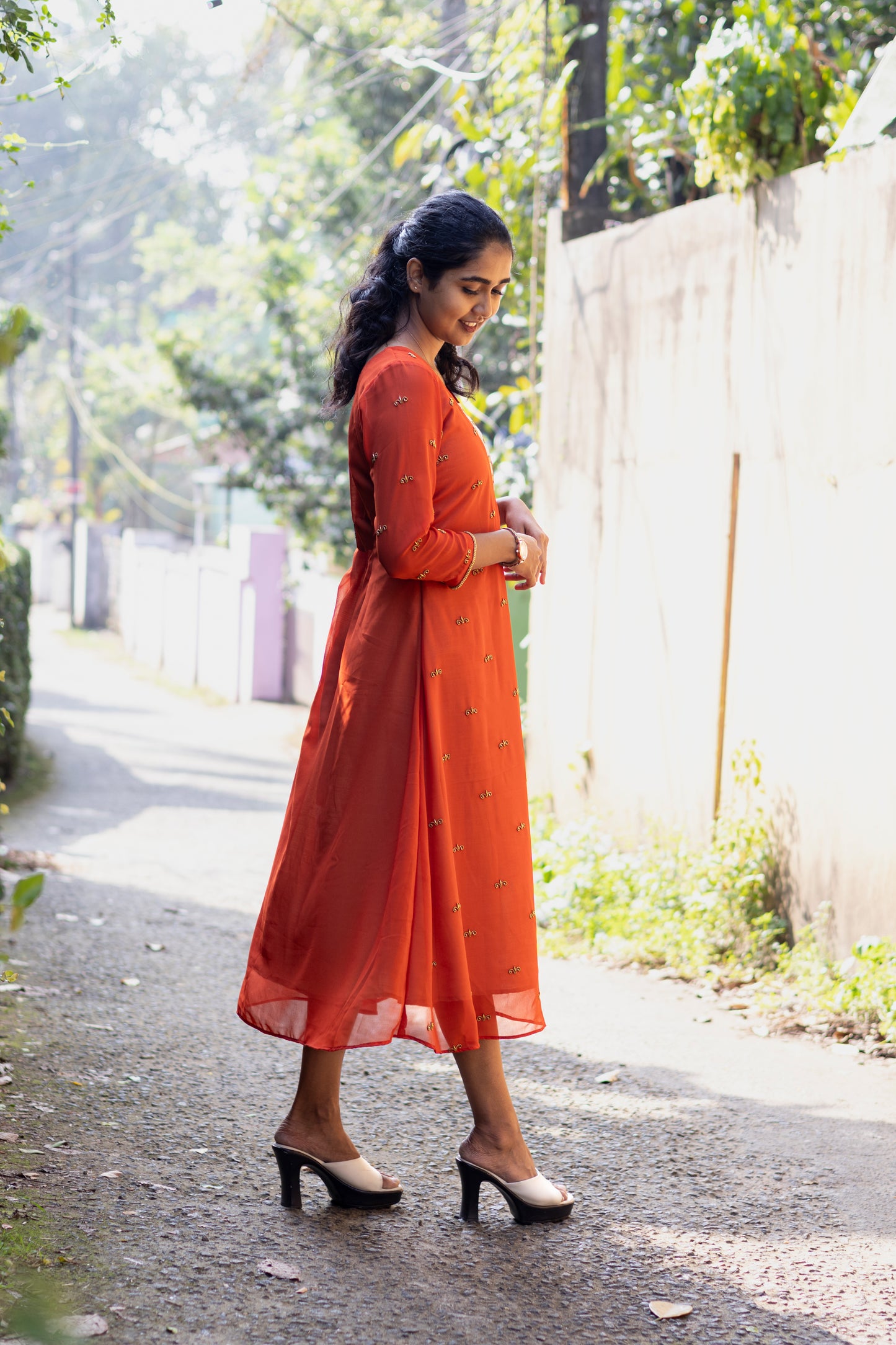 Brick Red Georgette A line kurta with beige shade combination