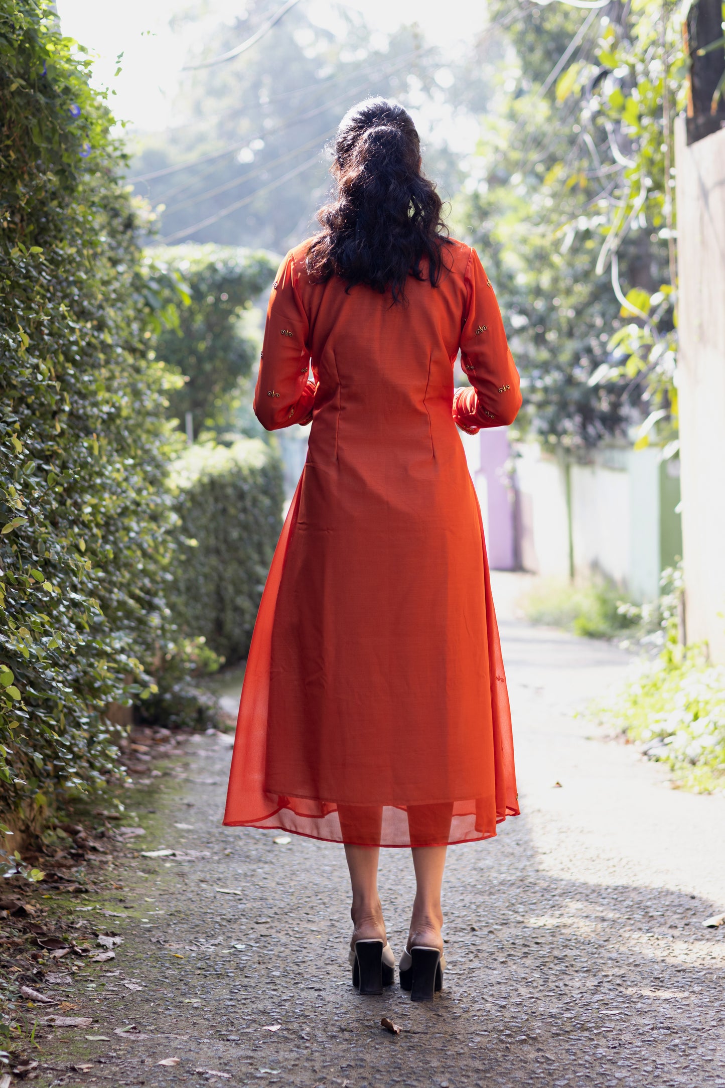 Brick Red Georgette A line kurta with beige shade combination