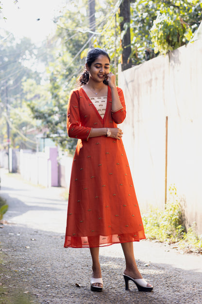 Brick Red Georgette A line kurta with beige shade combination