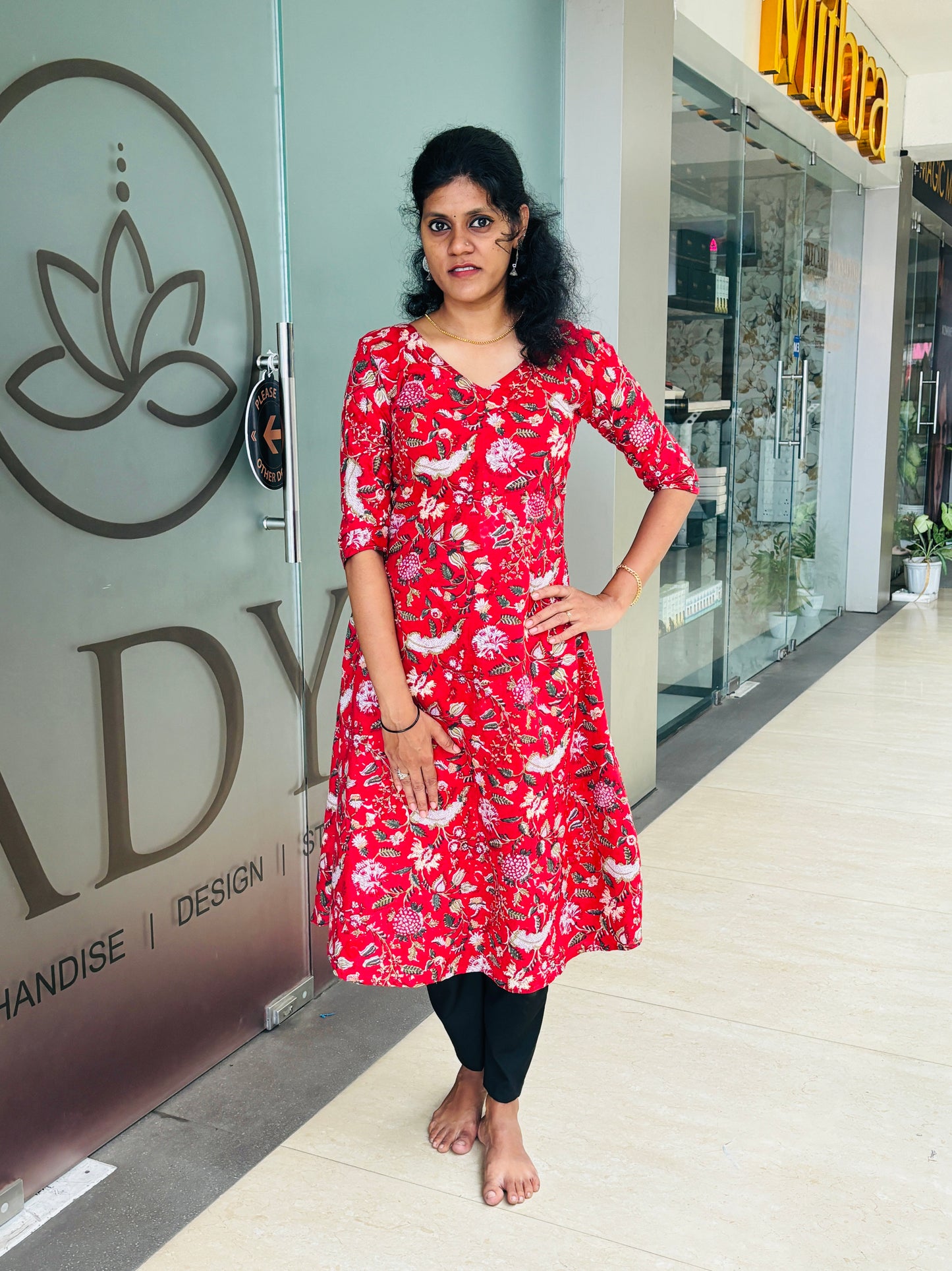 Floral Printed Red A-Line Cotton Kurta